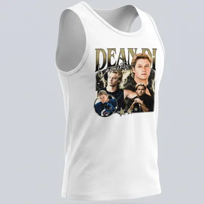 Vintage collage t-shirt featuring Dean Di Laurentis in gold, black, white, and blue — printed on a tank top