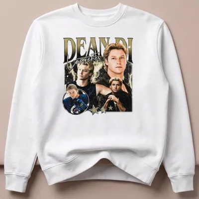Vintage collage t-shirt featuring Dean Di Laurentis in gold, black, white, and blue — printed on a unisex sweatshirt