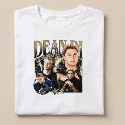 Vintage collage t-shirt featuring Dean Di Laurentis in gold, black, white, and blue