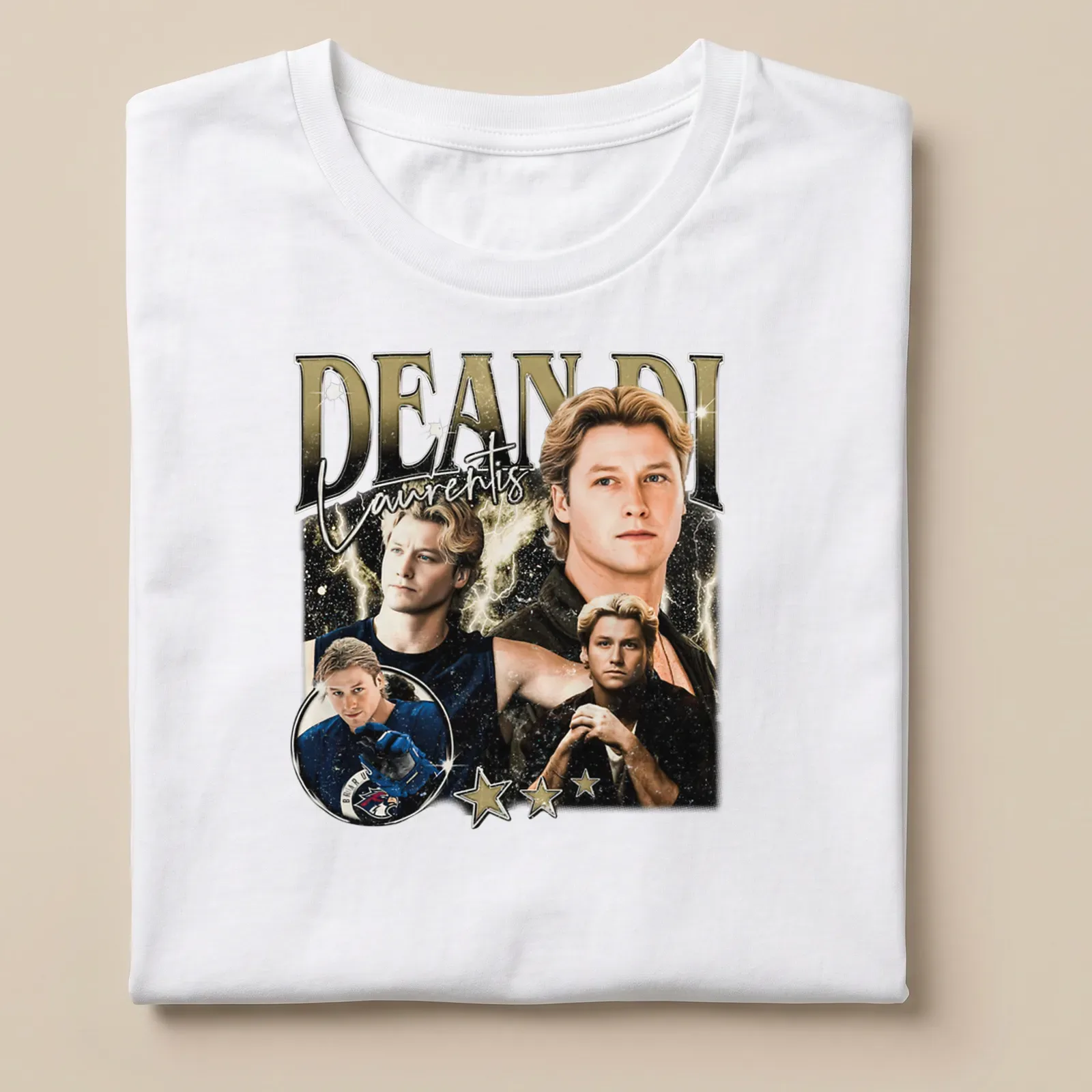 Vintage collage t-shirt featuring Dean Di Laurentis in gold, black, white, and blue — printed on a unisex t-shirt
