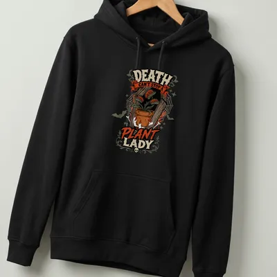 Vintage Halloween shirt with a carnivorous plant and text about a plant lady. — printed on a unisex hoodie