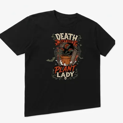 Vintage Halloween shirt with a carnivorous plant and text about a plant lady. — printed on a unisex t-shirt (angled view)