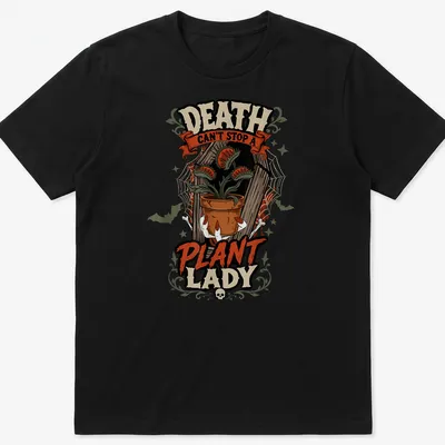 Vintage Halloween shirt with a carnivorous plant and text about a plant lady.