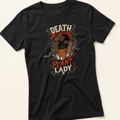 Vintage Halloween shirt with a carnivorous plant and text about a plant lady. — printed on a women's shirt