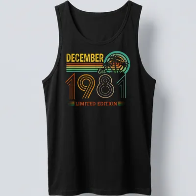 Vintage retro T-shirt with a tropical sunset and palm trees, celebrating December 1981. — printed on a tank top