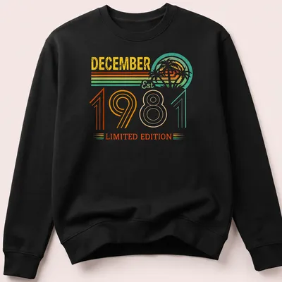 Vintage retro T-shirt with a tropical sunset and palm trees, celebrating December 1981. — printed on a unisex sweatshirt