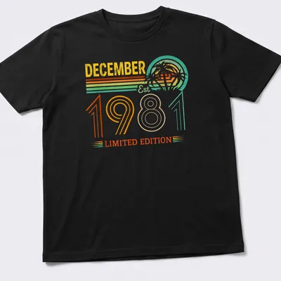 Vintage retro T-shirt with a tropical sunset and palm trees, celebrating December 1981. — printed on a unisex t-shirt