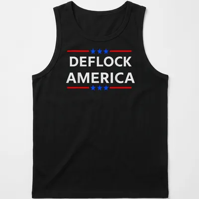 Bold patriotic design featuring the phrase DEFLOCK AMERICA in red, blue, and white. — printed on a tank top