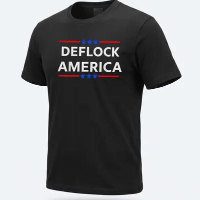 Bold patriotic design featuring the phrase DEFLOCK AMERICA in red, blue, and white. — printed on a unisex t-shirt