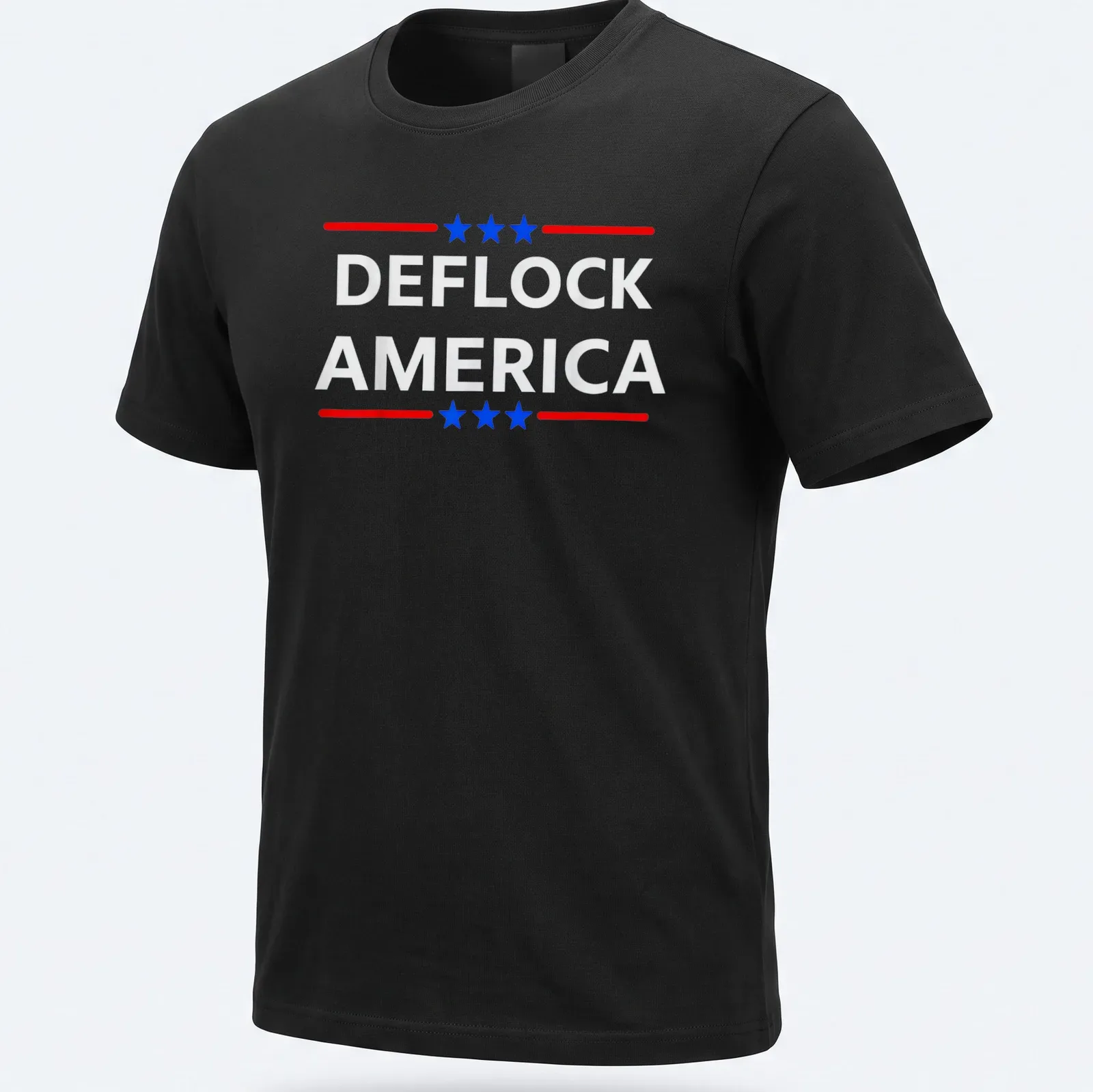 Bold patriotic design featuring the phrase DEFLOCK AMERICA in red, blue, and white. — printed on a unisex t-shirt