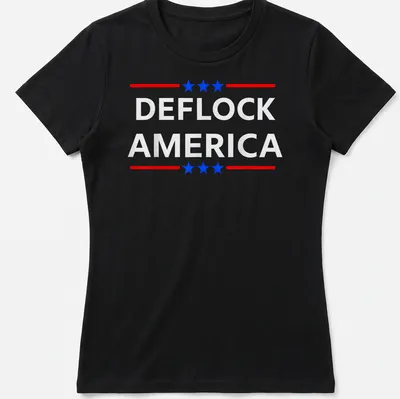 Bold patriotic design featuring the phrase DEFLOCK AMERICA in red, blue, and white. — printed on a women's shirt