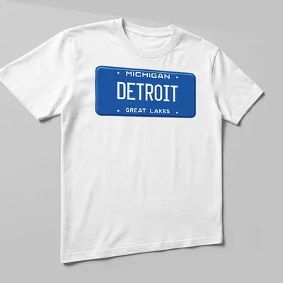 Vintage Michigan Detroit license plate design on a — printed on a unisex t-shirt (angled view)