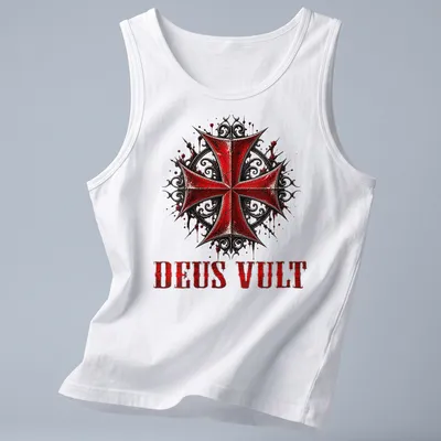 Gothic distressed DEUS VULT text over a Knight Templar Crusader Cross graphic — printed on a tank top