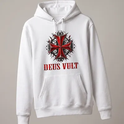 Gothic distressed DEUS VULT text over a Knight Templar Crusader Cross graphic — printed on a unisex hoodie