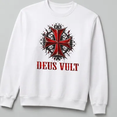 Gothic distressed DEUS VULT text over a Knight Templar Crusader Cross graphic — printed on a unisex sweatshirt