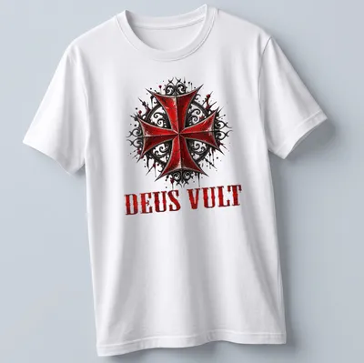 Gothic distressed DEUS VULT text over a Knight Templar Crusader Cross graphic