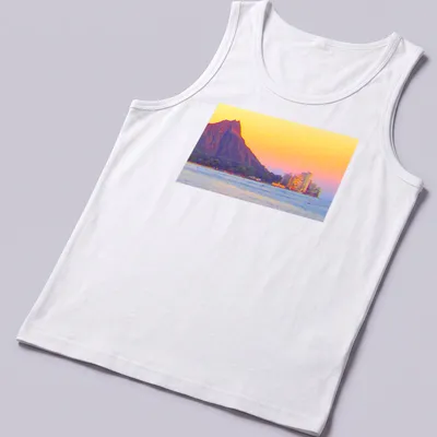 A scenic landscape of Diamond Head and Gold Coast with sunset colors. — printed on a tank top