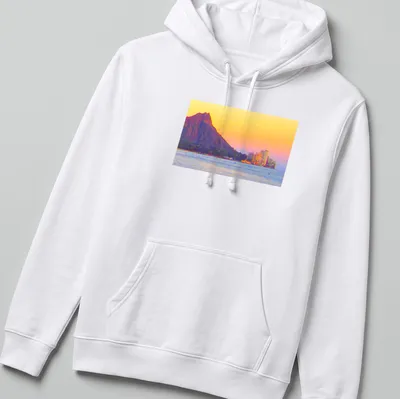 A scenic landscape of Diamond Head and Gold Coast with sunset colors. — printed on a unisex hoodie