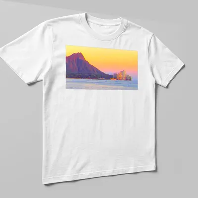 A scenic landscape of Diamond Head and Gold Coast with sunset colors. — printed on a unisex t-shirt (angled view)
