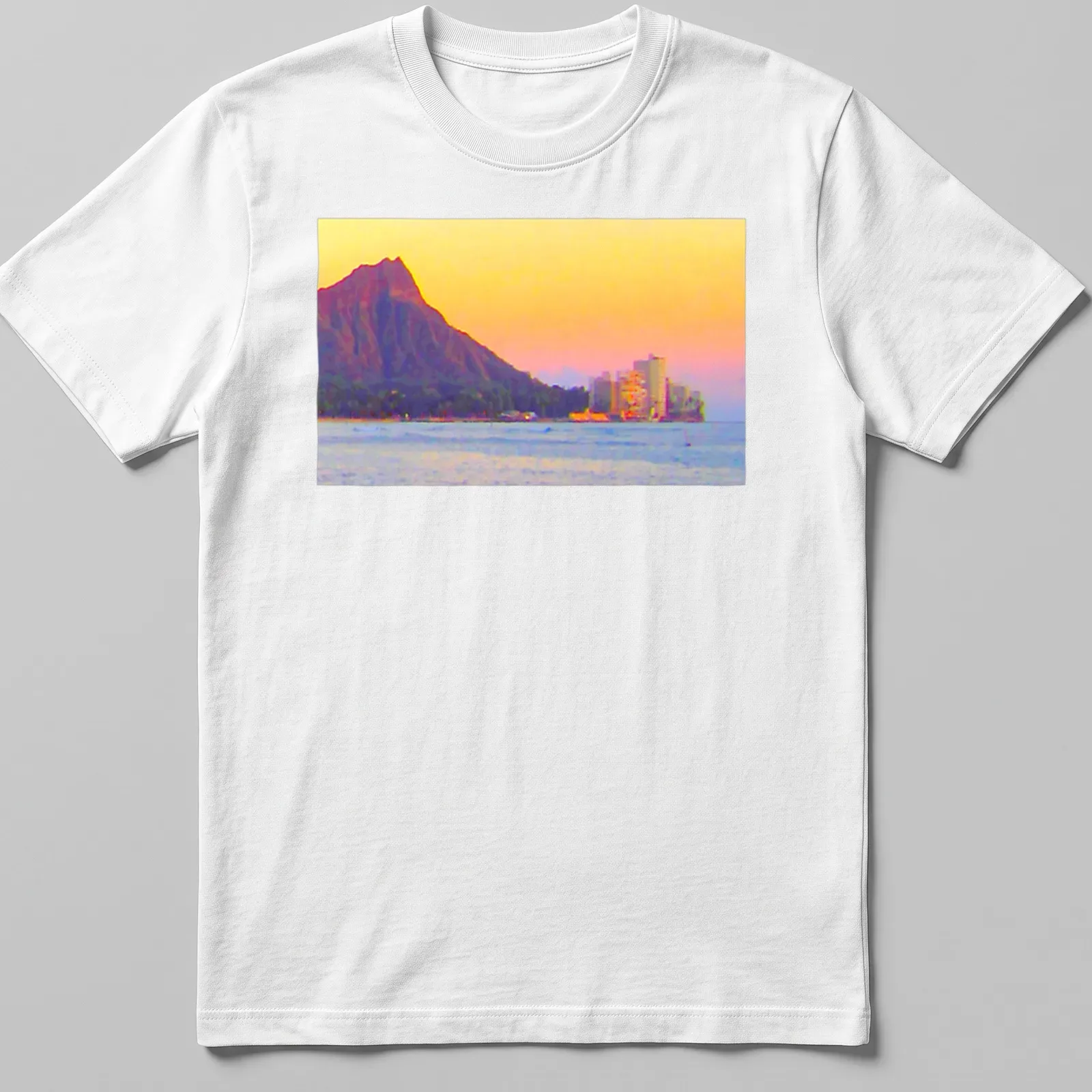 A scenic landscape of Diamond Head and Gold Coast with sunset colors. — printed on a unisex t-shirt