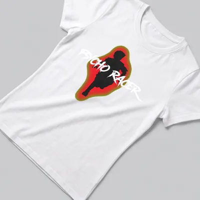 Graffiti-style running silhouette with bold 'DICHO RACER' text in black, red, green, and white. — printed on a women's shirt