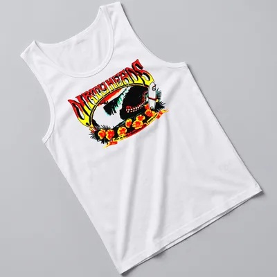 Vintage retro t-shirt featuring a surfing scene with octopus and flowers — printed on a tank top