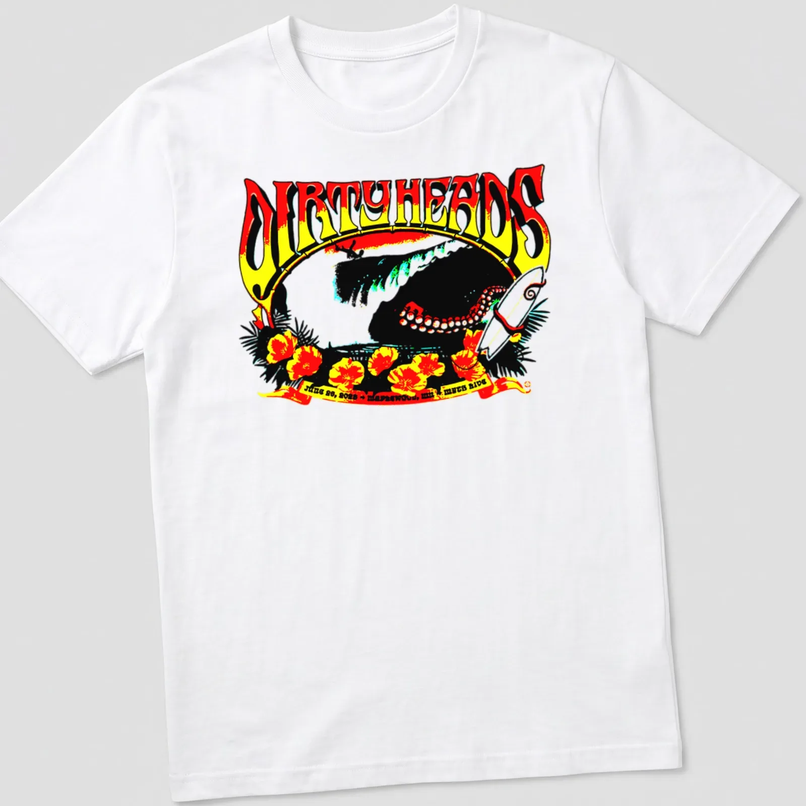 Vintage retro t-shirt featuring a surfing scene with octopus and flowers — printed on a unisex t-shirt