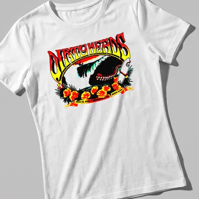 Vintage retro t-shirt featuring a surfing scene with octopus and flowers — printed on a women's shirt