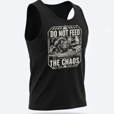 Vintage distressed t-shirt with cartoon cat and humorous text about chaos — printed on a tank top