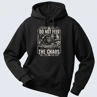 Vintage distressed t-shirt with cartoon cat and humorous text about chaos — printed on a unisex hoodie