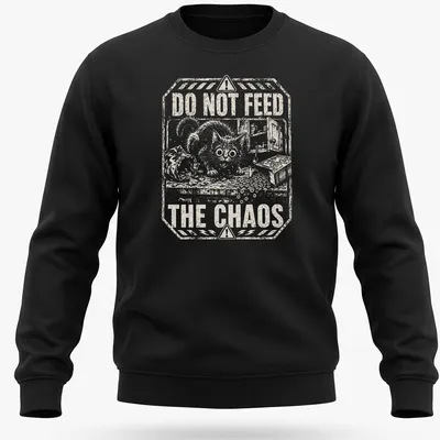 Vintage distressed t-shirt with cartoon cat and humorous text about chaos — printed on a unisex sweatshirt