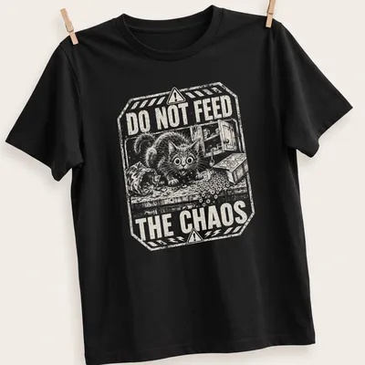Vintage distressed t-shirt with cartoon cat and humorous text about chaos — printed on a unisex t-shirt