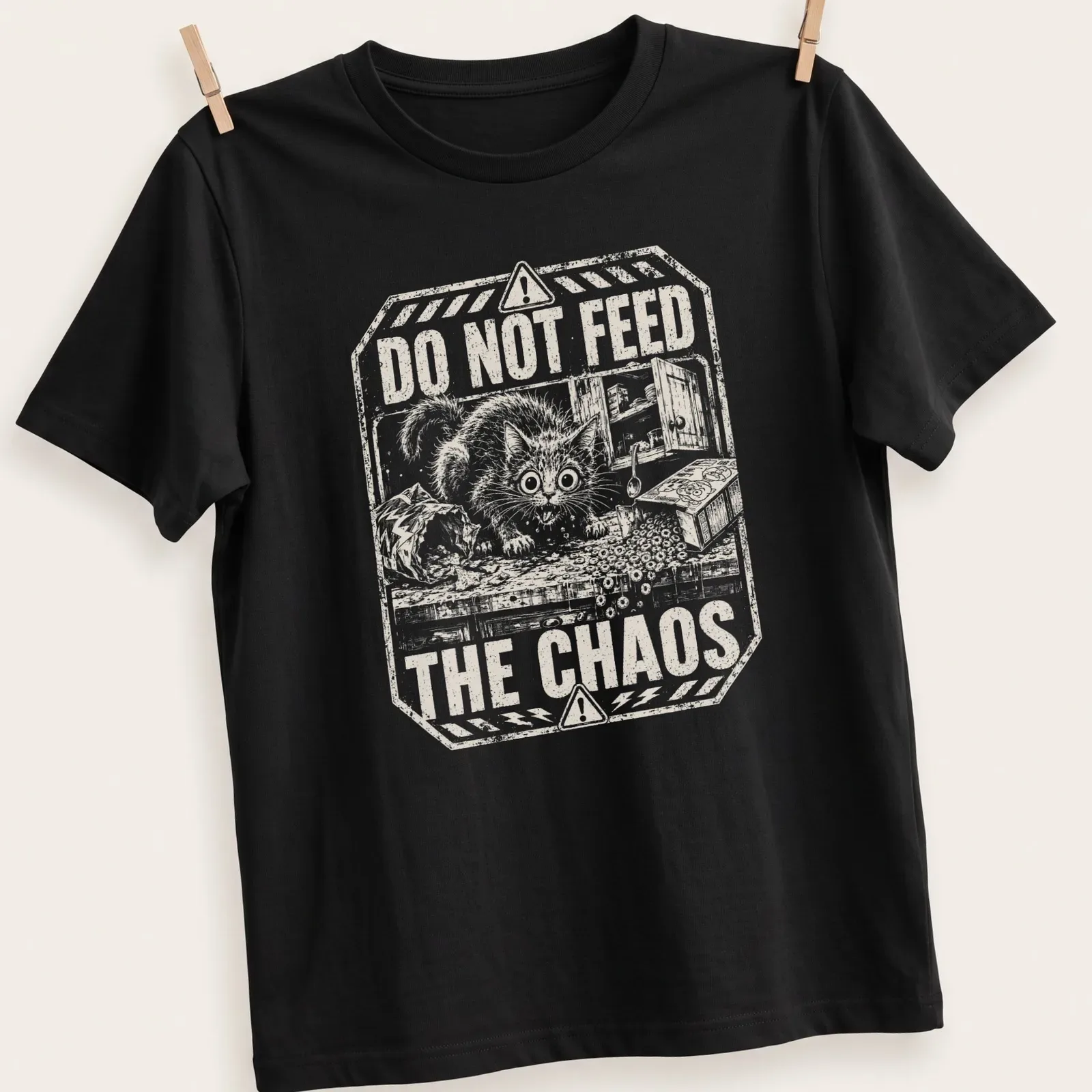 Vintage distressed t-shirt with cartoon cat and humorous text about chaos — printed on a unisex t-shirt