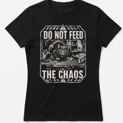 Vintage distressed t-shirt with cartoon cat and humorous text about chaos — printed on a women's shirt