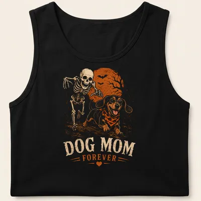 Vintage Halloween Dachshund skeleton print with the text Dog Mom Forever — printed on a tank top