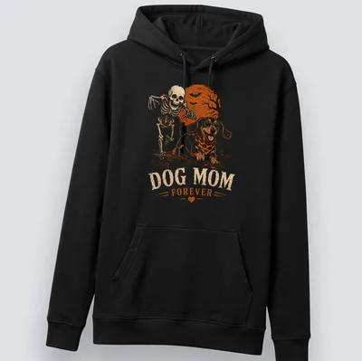Vintage Halloween Dachshund skeleton print with the text Dog Mom Forever — printed on a unisex hoodie