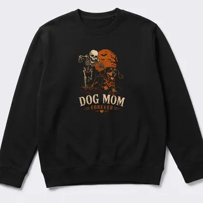Vintage Halloween Dachshund skeleton print with the text Dog Mom Forever — printed on a unisex sweatshirt