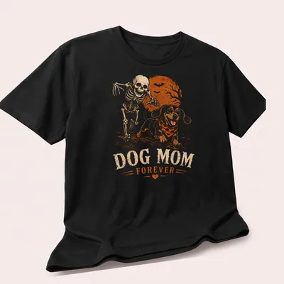 Vintage Halloween Dachshund skeleton print with the text Dog Mom Forever — printed on a unisex t-shirt (angled view)