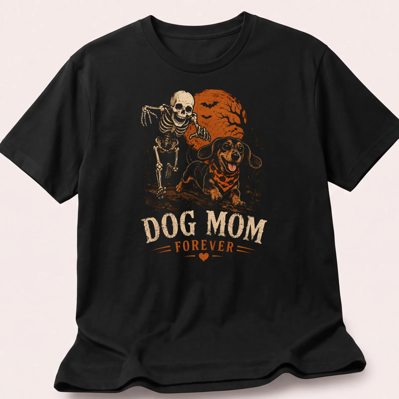 Vintage Halloween Dachshund skeleton print with the text Dog Mom Forever — printed on a unisex t-shirt