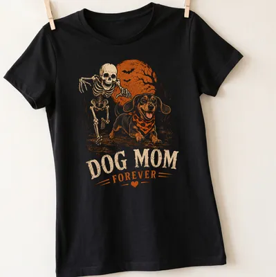 Vintage Halloween Dachshund skeleton print with the text Dog Mom Forever — printed on a women's shirt