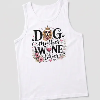 Whimsical illustration of a Golden Retriever with floral elements and text. — printed on a tank top