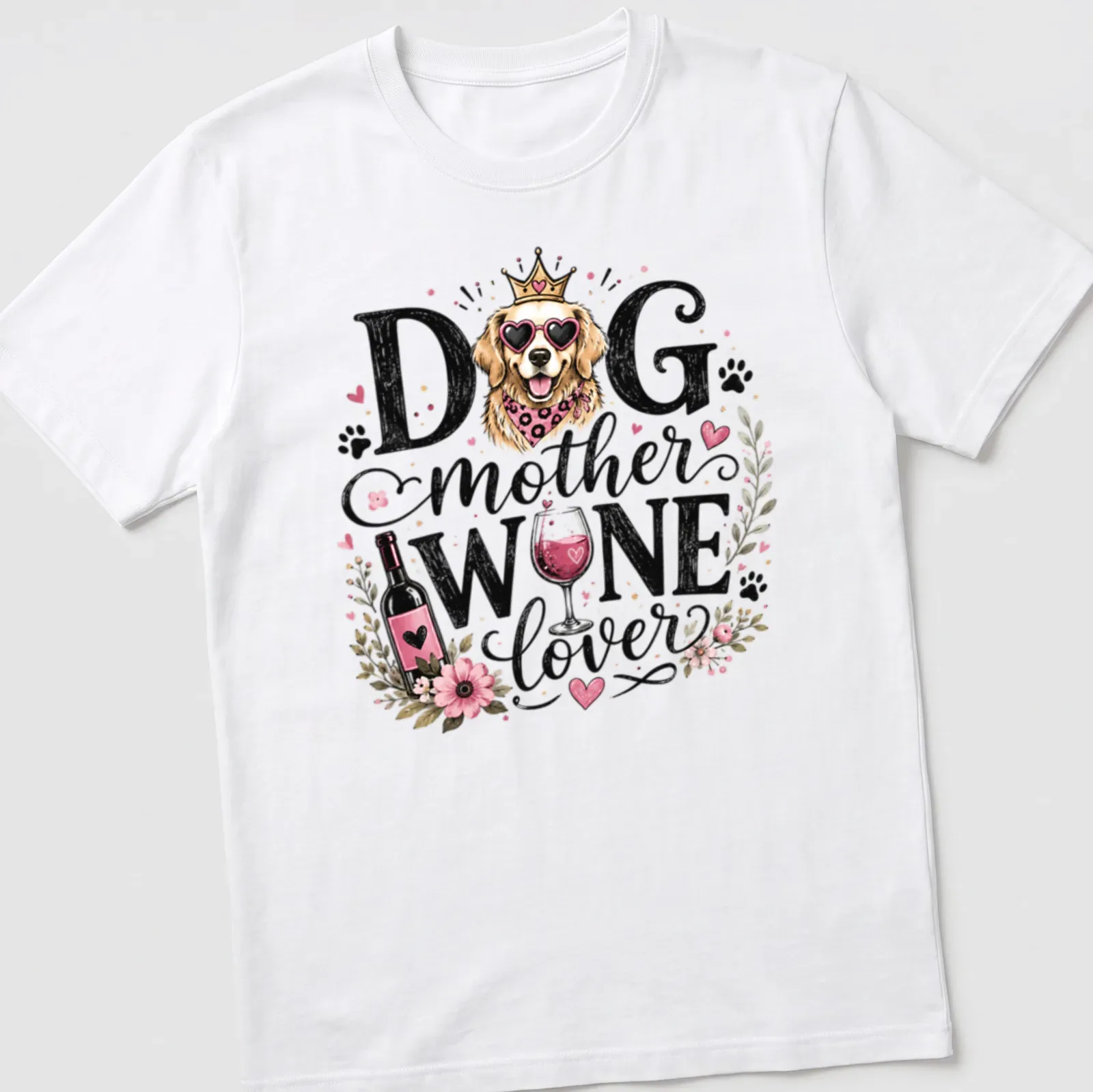 Whimsical illustration of a Golden Retriever with floral elements and text. — printed on a unisex t-shirt