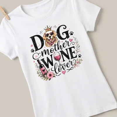 Whimsical illustration of a Golden Retriever with floral elements and text. — printed on a women's shirt