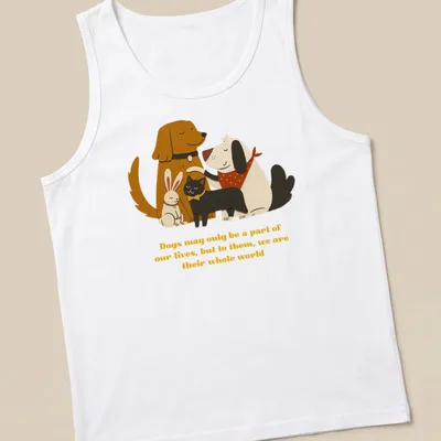 Illustration of a dog, cat, and rabbit with heartfelt text about pets' love. — printed on a tank top