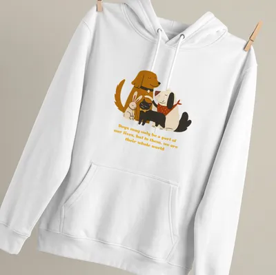 Illustration of a dog, cat, and rabbit with heartfelt text about pets' love. — printed on a unisex hoodie
