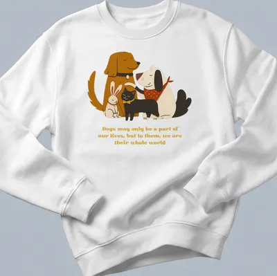 Illustration of a dog, cat, and rabbit with heartfelt text about pets' love. — printed on a unisex sweatshirt