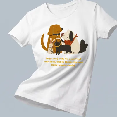 Illustration of a dog, cat, and rabbit with heartfelt text about pets' love. — printed on a women's shirt