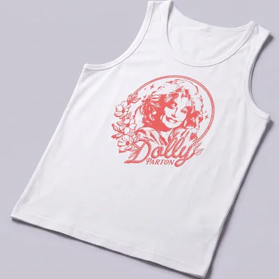 Minimalistic portrait of Dolly Parton with flowers in soft pink and white — printed on a tank top