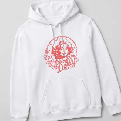 Minimalistic portrait of Dolly Parton with flowers in soft pink and white — printed on a unisex hoodie