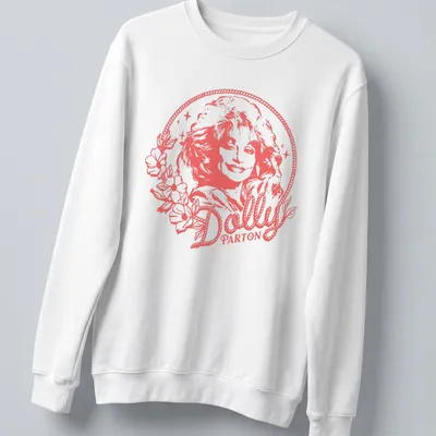 Minimalistic portrait of Dolly Parton with flowers in soft pink and white — printed on a unisex sweatshirt
